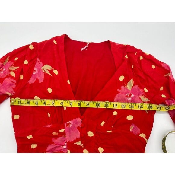 Free People Mini Dress Button Down Long Sleeves V Neck Sz XS Red w Flowers NWOT - Picture 6 of 13